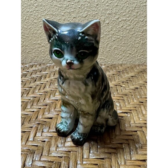 Vintage Japanese Nippon Yoko Boeki Ceramic Cat Figurine With Green Eyes 1940"s - Picture 1 of 8